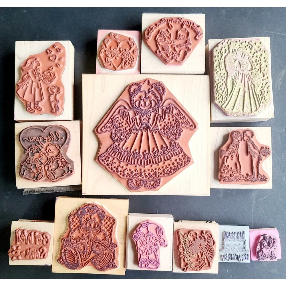 Vintage Wood Rubber Stamp Lot Love‎ Teddy Bears Angel Get Well Wedding 13pc Set